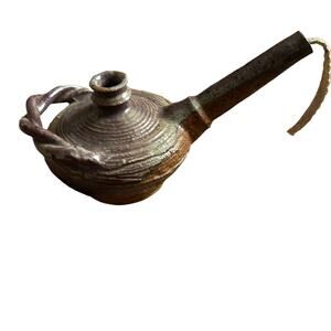 Vintage Handmade Ceramic Oil Lamp With Wick - Braided Handle Teapot Shape